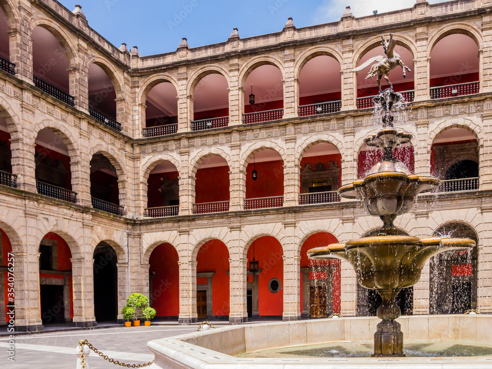 Detail of National Palace (Palacio Nacional) central courtyard and its monumental fountain, Mexico City, Mexico