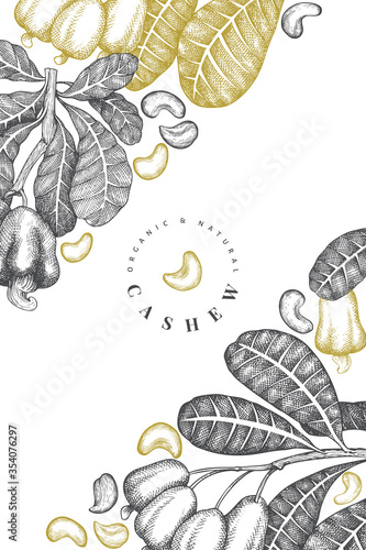 Hand drawn sketch cashew design template. Organic food vector illustration on white background. Retro nut illustration. Engraved style botanical background.