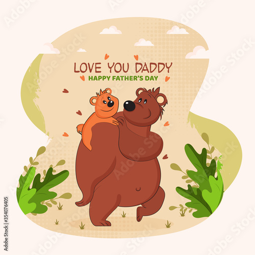 A small little bear (son) on his father's shoulder, father and son duo walking on garden area with green leaves and clouds, animal parents love for father's day celebration - vector
