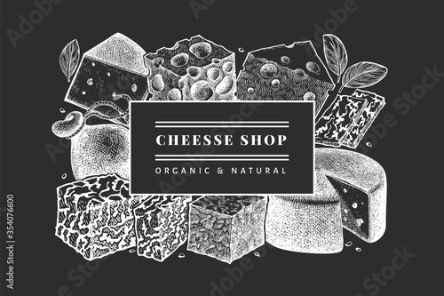 Cheese design template. Hand drawn vector dairy illustration on chalk board. Engraved style different cheese kinds banner. Retro food background.