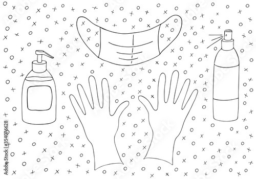 Personal protective equipment epidemic prevention isolation: medical mask, liquid soap, antiseptic, sterile gloves. Antibacterial agent. Hand drawn with a black line. Isolated object white background.