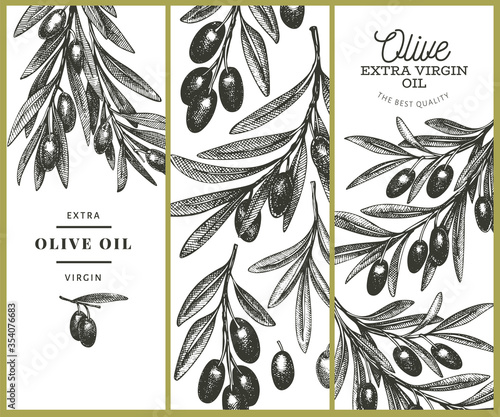 Olive branch design template. Hand drawn vector food illustration. Engraved style mediterranean plant. Vintage botanical picture.