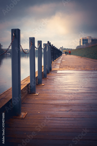 Embankment of the Moscow River. Location of the Pavshinsky floodplain, Moscow region. Spring time. photo