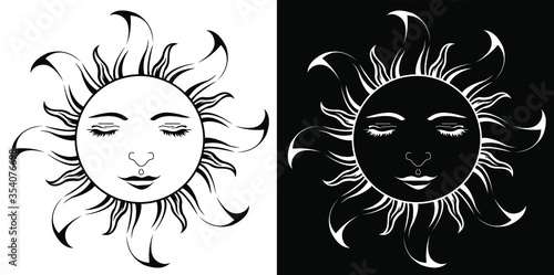 Lord Sun with closing Eyes - Scroll saw, Intarsia, T Shirt design, Wall sticker, Tattoo or Embossing art with black and white background
