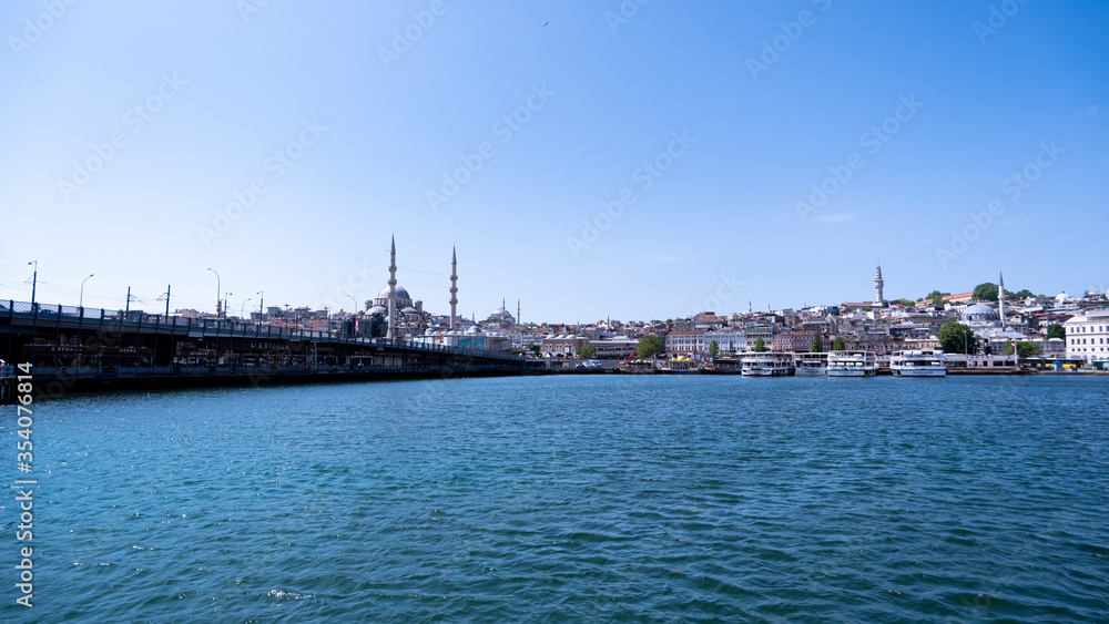 istanbul eminonu and galata bridge from ship view