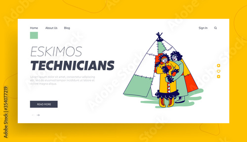 Inuit Minorities Esquimau Husband and Wife Hugging Landing Page Template. Senior Eskimos Family Characters in Warm Clothing Stand front their Yurt. Life in Far North. Linear Vector Illustration