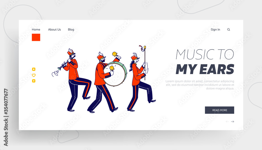 Musician Characters Walking with March Landing Page Template. .Victory Parade Celebration, Military Orchestra Playing Musical Instruments Flute and Big Drum. Linear People Vector Illustration Musician Characters Walking with March Landing Page Template. .Victory Parade Celebration, Military Orchestra Playing Musical Instruments Flute and Big Drum. Linear People Vector Illustration