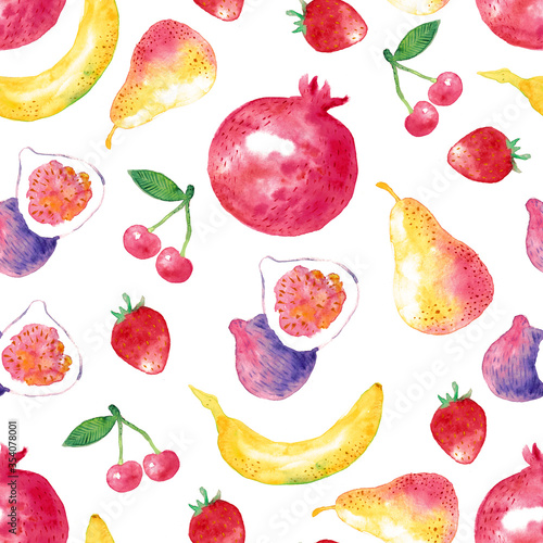 Fototapeta Naklejka Na Ścianę i Meble -  fruits and berries seamless watercolor pattern on white background