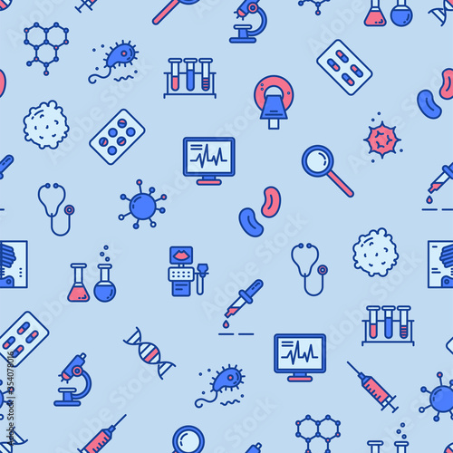 Seamless pattern medicine, laboratory, lab tests & healthcare, medical equipment, tools. Vector illustration. Medical science, microbiology, virology study, immune system and genetics analysis.