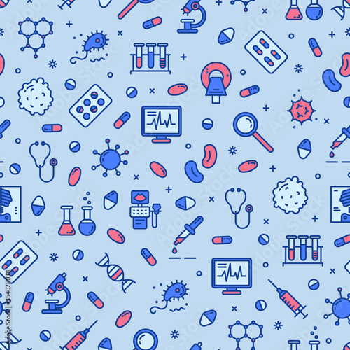 Seamless pattern medicine, laboratory, lab tests & healthcare, medical equipment, tools. Vector illustration. Medical science, microbiology, virology study, immune system and genetics analysis.