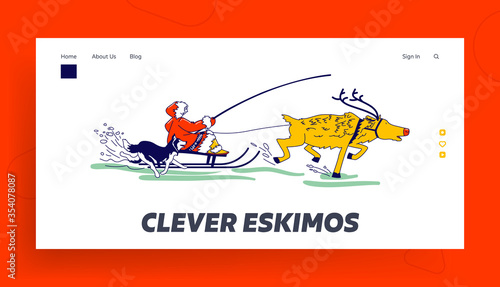 Life in Far North Landing Page Template. Eskimo Character Riding Reindeer Sleigh with happy Dog Run beside. Inuit in Traditional Clothing Esquimau Person Driving Sled. Linear Vector Illustration
