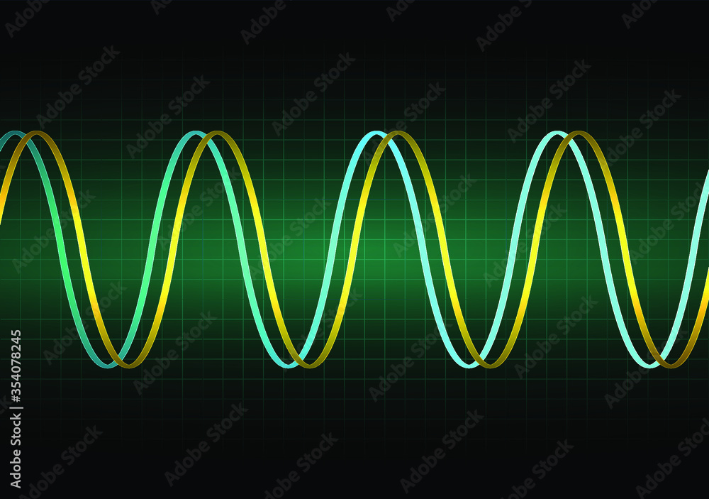 Sine waves on the oscilloscope on black background with grid. The voltage waveform. A sound wave of light on a dark background. Stock vector illustration. Sine waves on the oscilloscope on black background with grid. The voltage waveform. A sound wave of light on a dark background. Stock vector illustration.