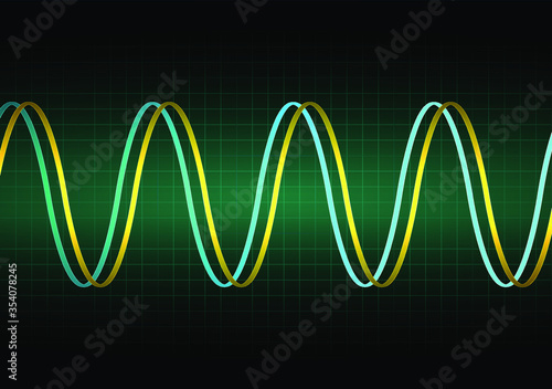 Sine waves on the oscilloscope on black background with grid. The voltage waveform. A sound wave of light on a dark background. Stock vector illustration.