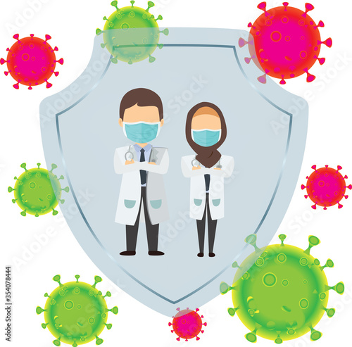 A shield deflecting virus or bacteria cells medical health concept, possibly for immunisation or vaccination protection and herd immunity