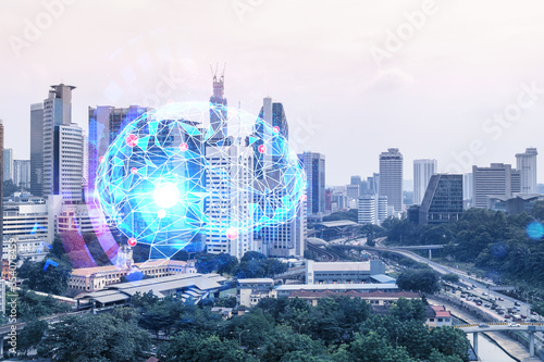 Photography Brain hologram over panorama city view of Kuala Lumpur