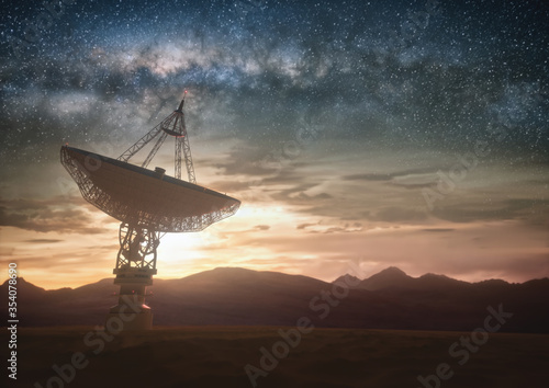 Obraz na płótnie Huge satellite antenna dish for communication and signal reception out of the planet Earth