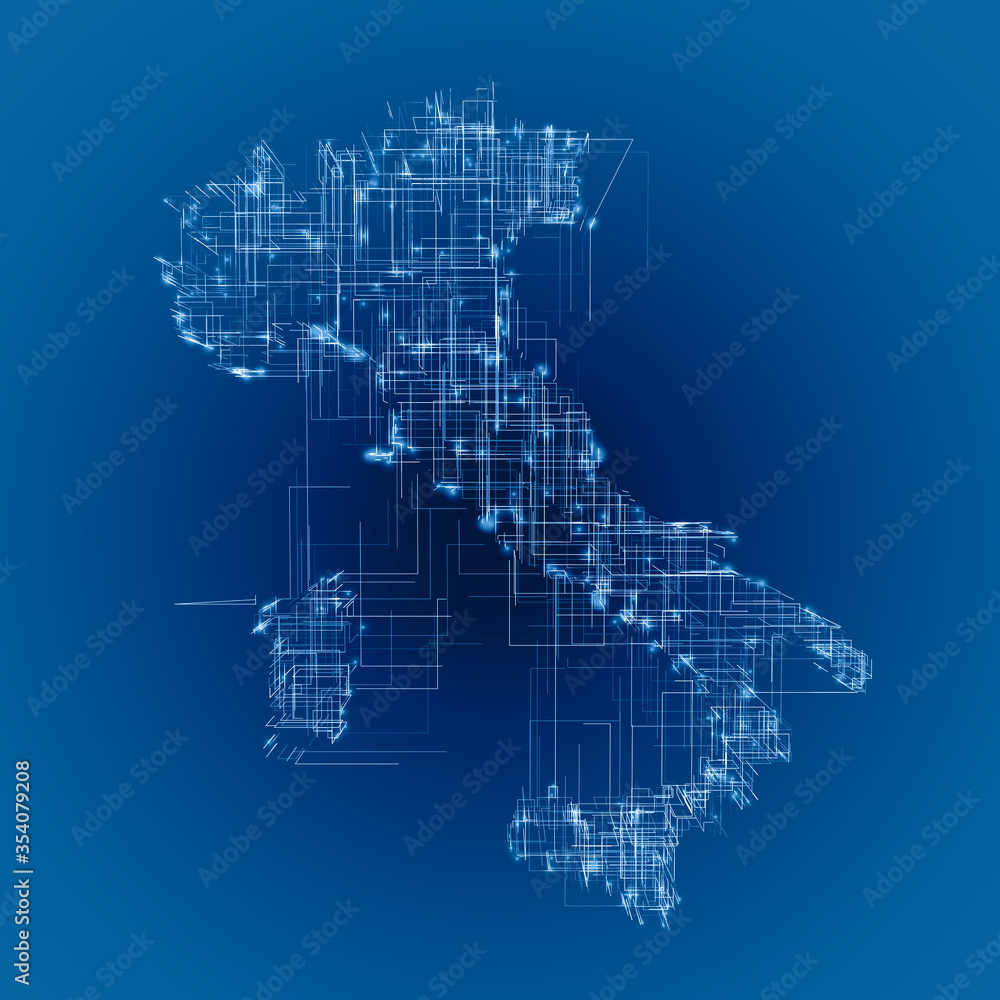 Italy map, connections, network. Smart working, digitalization and future. Technological innovation and internet network. Broadband, computerization and the digital world. Virtual reality. 3d render