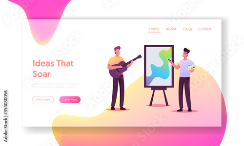 Creative Development Landing Page Template. Musician Practicing Playing Guitar, Artist Painting Picture. Male Characters Use Right Brain Part for Musical and Paint. Cartoon People Vector Illustration