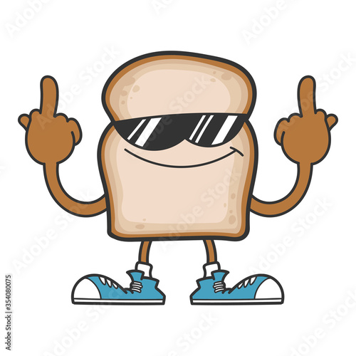 slice of bread cartoon character with sunglasses giving the middle fingers
