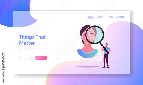 Facial Id Verification, Scanning Landing Page Template. Tiny Male Character Looking in Huge Glass on Woman Face with Polygonal Ornament for Biometric Identification. Cartoon People Vector Illustration