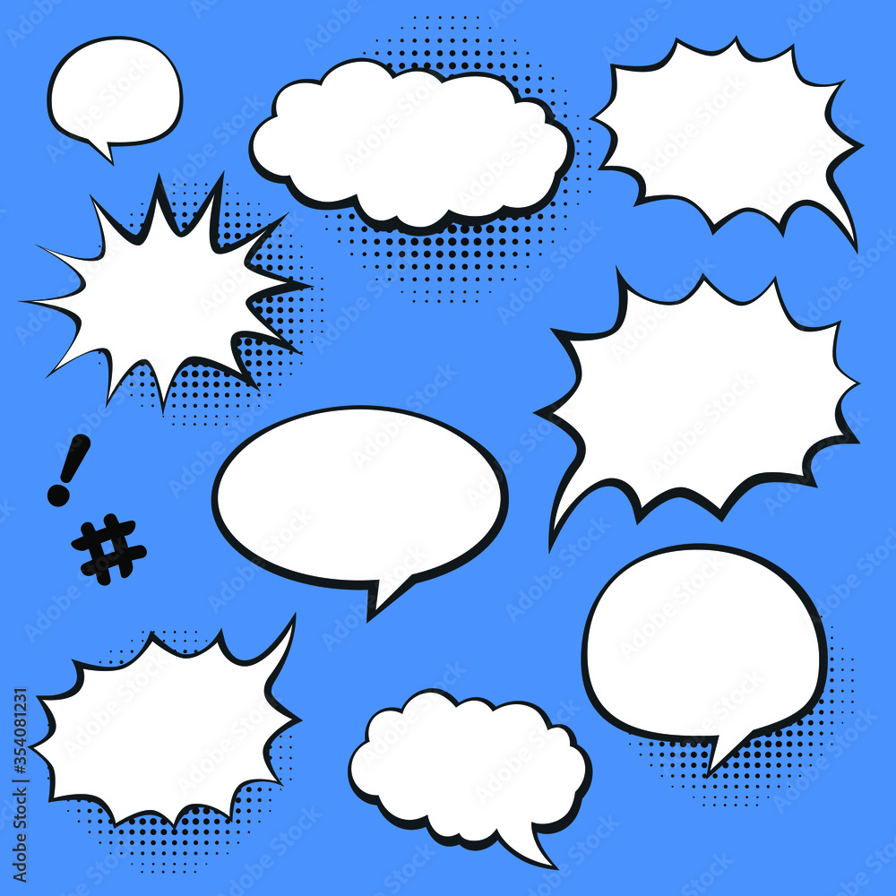 collection of comic speech bubbles vector. different shapes abstract icon flat blank cartoon empty text box clouds. blue comic message balloon template. collection of comic speech bubbles vector. different shapes abstract icon flat blank cartoon empty text box clouds. blue comic message balloon template.