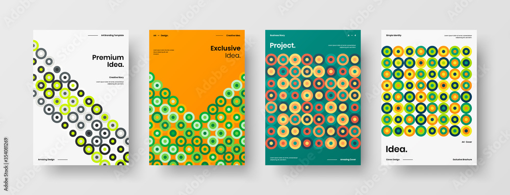 Fototapeta premium Company identity brochure template collection. Business presentation vector A4 vertical orientation front page mock up set. Corporate report cover abstract geometric illustration design layout bundle.
