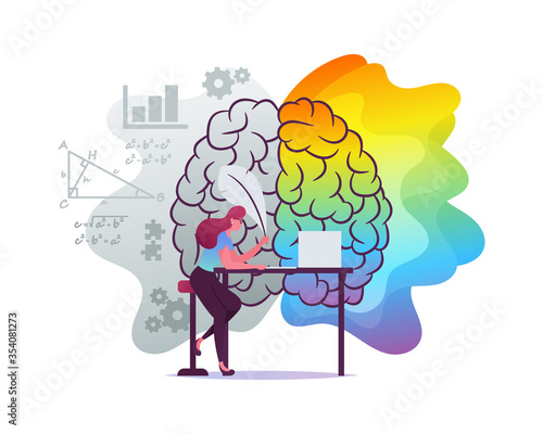Female Character Writer Sit at Table Create Book Using Feather Pen. Huge Brain Separated on Left and Right Parts for Logical and Creative Thinking. Analysis, Creativity. Cartoon Vector Illustration