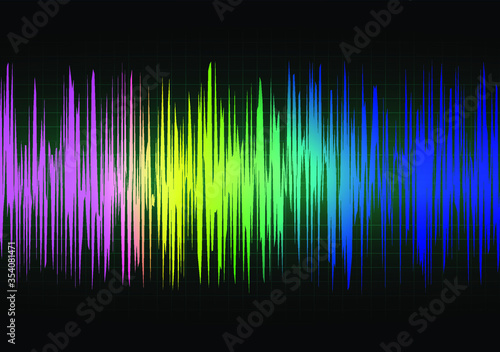 Sound waves oscillating glow light technology background. Black background with grid. The voltage waveform. A sound wave of light on a dark background. Stock vector illustration.