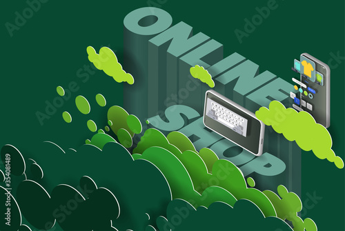 Online store interface on a mobile phone screen in green clouds