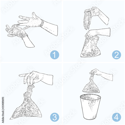 Personal hygiene, disease prevention, proper disposal of used medical gloves and healthcare educational recommendations step by step infographic drawing . Numbered steps.