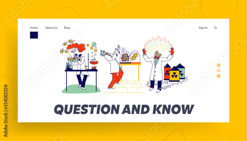 Mad Scientists Landing Page Template. .Crazy Chemist Characters Conduct Experiments in Scientific Laboratory Mix Liquids in Flasks, Grow Virus and Use Electricity. Linear People Vector Illustration