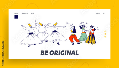 Arabic Dances Landing Page Template. Whirling Dervish and Girls in Traditional Outfits Dancing with Raising Hands. Characters Moving Body, Muslim Artist Hobby. Linear People Vector Illustration