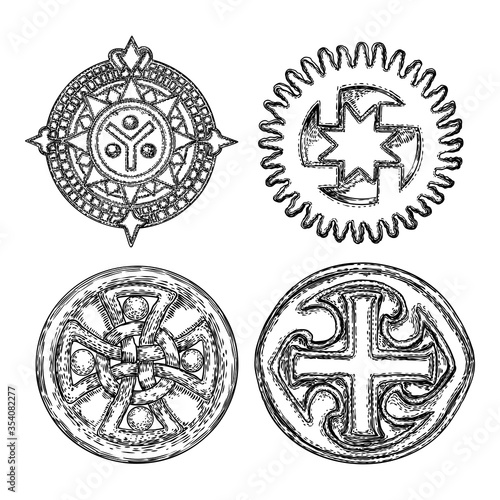 Set of decorative symbols. Circular decorative Christian religion cross design and five pointed star carved in marble stone. Masonic symbol. Vector.