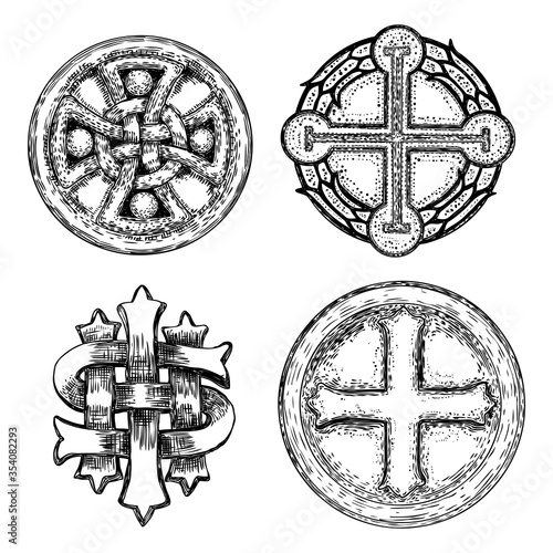 Set of decorative symbols. Circular decorative Christian religion cross design and five pointed star carved in marble stone. Masonic symbol. Vector.