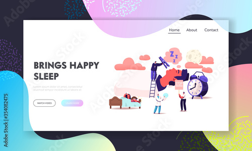 Snore Landing Page Template. Tiny Characters Sleeping in Bed and Suffering of Snoring, Angry Awake Man Listening Snoring of Wife, Sleep Apnea Syndrome Treatment. Cartoon People Vector Illustration