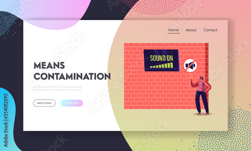 Big City Dweller Hearing Loud Sounds Landing Page Template. Female Character Stand at Wall with Tv on Sound On and Symbol of Megaphone Suffering of Noise Pollution. Cartoon Vector Illustration
