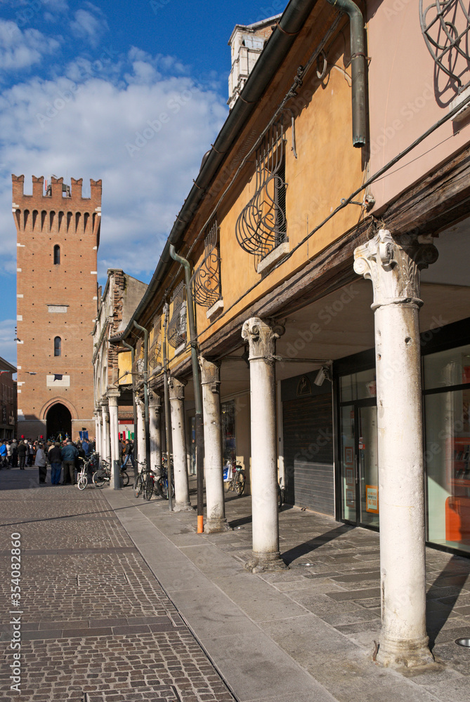 Loggia of the Merchants and the ancient city hall in the background, Ferrara, Emilia-Romagna, Italy