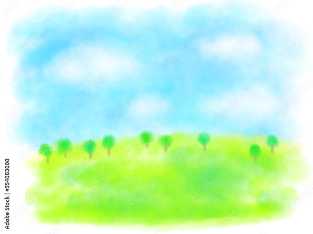 草原と樹木のパステルカラーイラスト