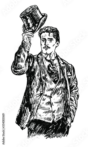 Hand drawn portrait of moustached elegant man. Art Deco and Nouveau gentleman in a frock takes off his top hat. Vector illustration, vintage engraved style