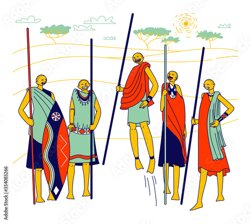 Masai Characters, African Men and Women from Samburu Tribe in Kenya, Africa. Group of Warriors in National Costumes with Spears Weapon Demonstrate Traditional Jumps. Linear Vector People Illustration