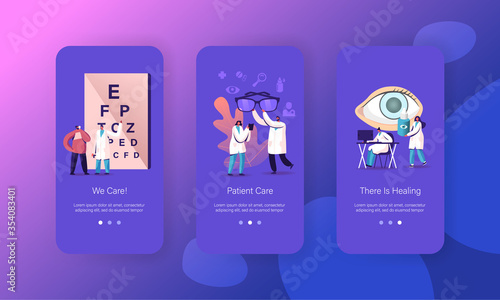 Oculist Eye Sight Checkup Mobile App Page Onboard Screen Template. Tiny Ophthalmologist Doctor Characters Check Eyesight, Professional Vision Treatment Concept. Cartoon People Vector Illustration