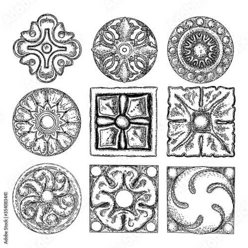 Set of elegant vintage circular floral ornaments in classic style. Round oriental flower element for pattern. Circle stucco ceiling moulding rosette. Vector.