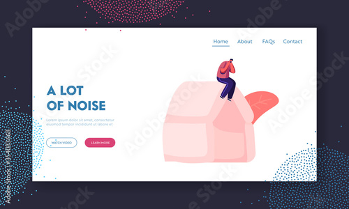 Male Character Suffering of Noise Pollution Landing Page Template. Social Problem of Much Hubbub on Street. Dweller Cover Ears to Stop Hearing Loud Sounds and Tinnitus. Cartoon Vector Illustration