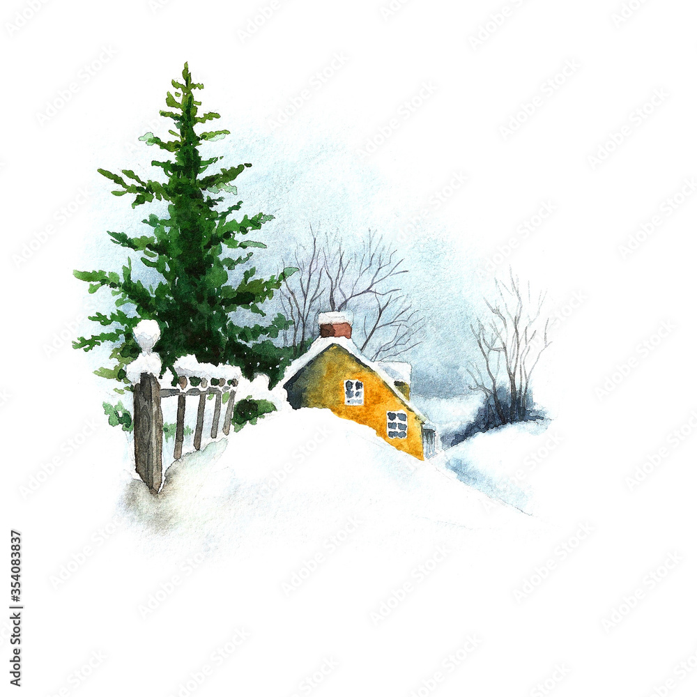 Naklejka premium house in the woods, christmas in the countryside, watercolor illustration of a winter landscape