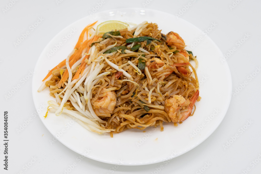 Shrimp Pad Thai on a White Plate