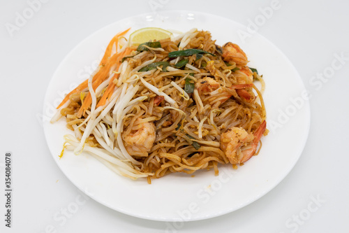 Shrimp Pad Thai on a White Plate