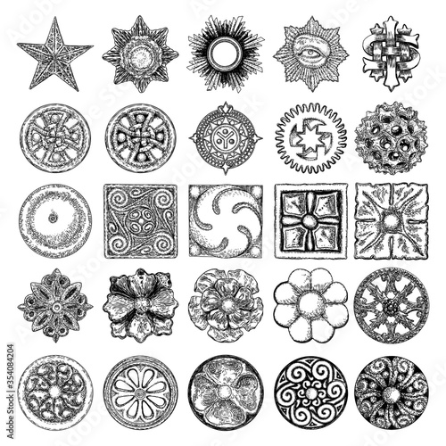 Large set of baroque ancient vintage style flowers design elements and other religious or mystic drawings. Geometric shape star, crystals, Pentagram and Cross. Religious circle symbol. Vector. photo