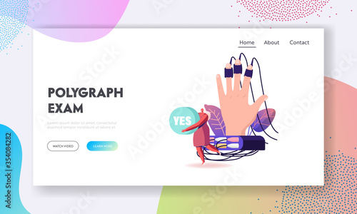 Lie Detector Test Landing Page Template. Tiny Female Character Holding Word Yes at Huge Human Hand Connected with Wires to Polygraph Device. Palm with Sensors on Fingers. Cartoon Vector Illustration