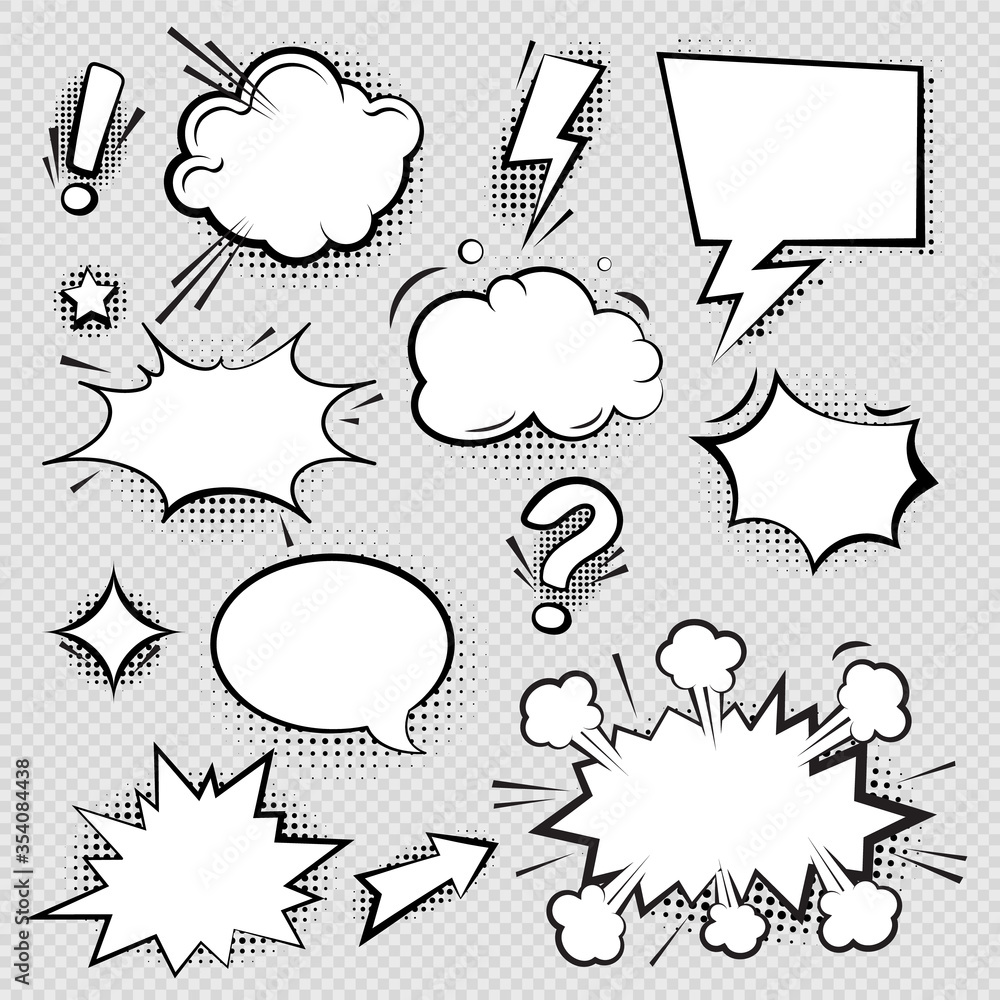 Naklejka premium Set of comic speech bubbles and elements with halftone shadow effect in transparent background. Comic bubble collection word empty set design. Word bubbles, retro comic shapes. Think and speak clouds