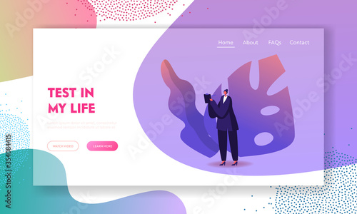 Polygraph Operator Questioning Landing Page Template. Female Character Wearing Formal Wear Writing Information on Clip Board. Employer Conducting Interview with Candidate. Cartoon Vector Illustration